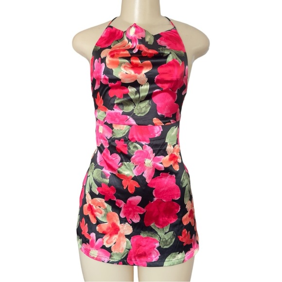 BB EXCLUSIVE LA Catch Cowl Neck Mini Dress Black Floral - Picture 2 of 13